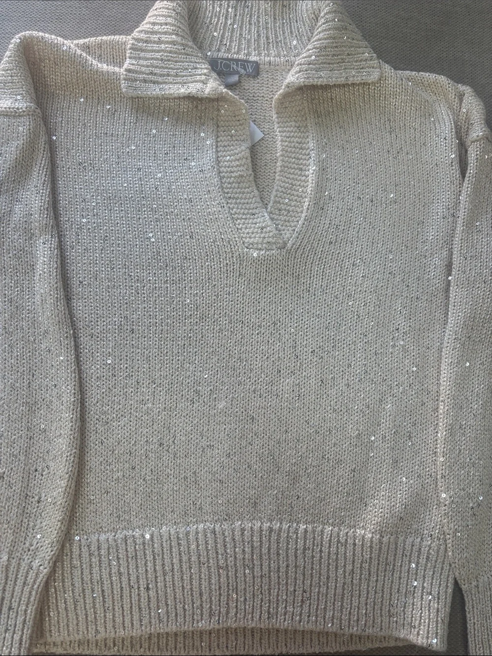 J. Crew Cream Sequin V-Neck Collared Sweater